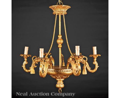 Neoclassical-Style Giltwood Six-Light Chandelier, 20th c., rope and tassel design, foliate arms, electrified, h. 27 in., dia.