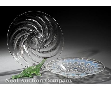 Group of Lalique Glass Table Articles, incl. "Asters" bowl, base with reverse signature "R. Lalique / France", dia 10 in.; "P