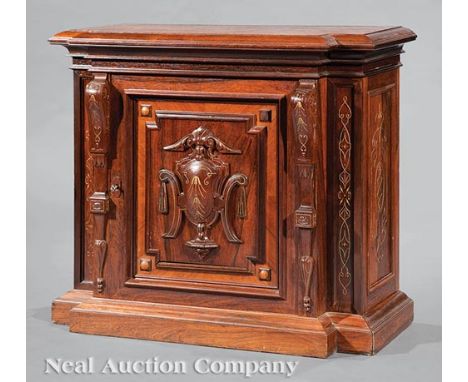 American Renaissance Gilt-Incised Rosewood Cabinet, c. 1865, New York, breakfront top, conforming case, door mounted with an 