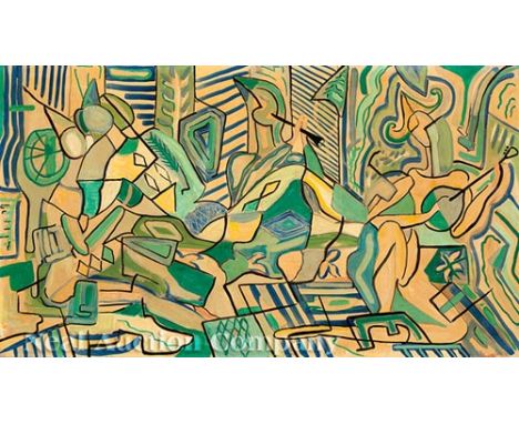 David Sinclair Nixon (American/New Orleans, 1904-1973), "3 Harlequins", 1954,  oil on canvas, signed, titled, dated and inscr