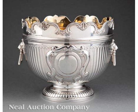 Antique English Sterling Silver Monteith, William Hutton & Sons, London, 1897, mark reg. 1894, scalloped rim, stop-fluted bod