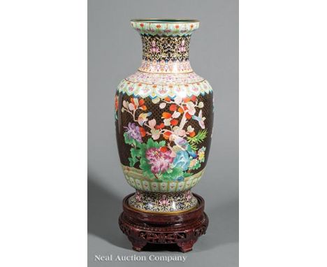 Large Chinese Cloisonne Enamel Vase, 20th c., decorated with birds amid flowering branches and flowers, h. 30 in., stand, ove