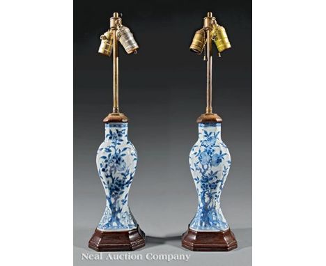 Pair of Chinese Blue and White Porcelain Baluster Vases, Qing Dynasty (1644-1911), flattened body with inturned canted corner