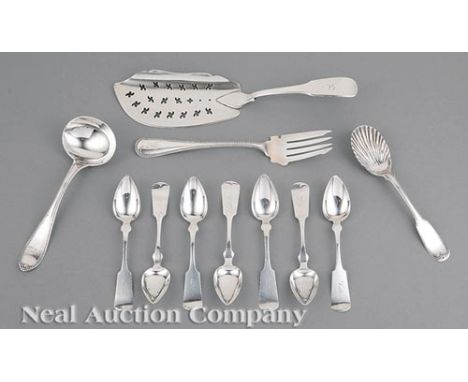 Good Group of American Coin Silver Flatware, incl. bead pattern (possibly Polhemus) sauce ladle, ret. Hyde & Goodrich, New Or