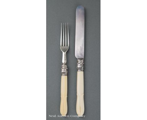 Set of Twelve Antique English Silver and Ivorine Luncheon Forks and Knives, sterling ferrules hallmarked Sheffield, 1899, mak