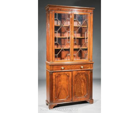 Antique Georgian-Style Mahogany Bookcase, ogee cornice, upper case with glazed doors, lower case with frieze drawer, paneled 