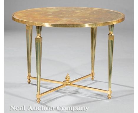 Hollywood Regency Enamel, Brass and Eglomise Table, early 20th c., h. 19 1/2 in., dia. 27 1/2 in    