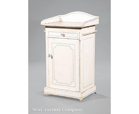 Antique Continental Tole Peinte Bedside Commode, marble top, shaped gallery, frieze drawer over door, plinth base, h. 36 in.,