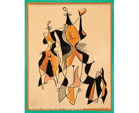 Paul Ninas (American/New Orleans, 1903-1964), "The Constable Widows", mixed media on paper, pencil-signed lower right, titled