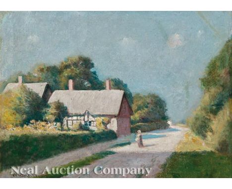 William Staples Drown (American/Massachusetts, 1856-1915), "Cottage Scene", oil on canvas, signed lower left, 13 in. x 17 3/4