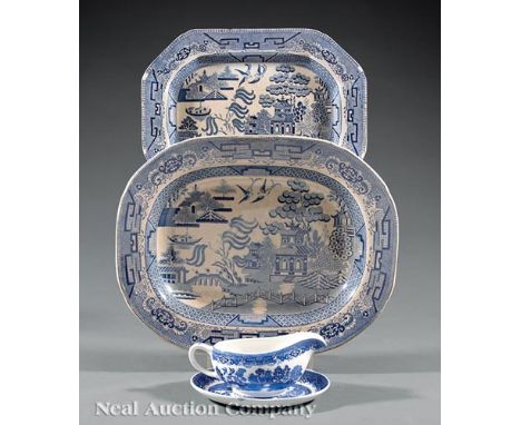 Group of Staffordshire Pottery, 19th c., incl. 2 blue and white "Willow" platters, l. 15 5/8 in. and 17 3/8 in.; A.J. Wilkins