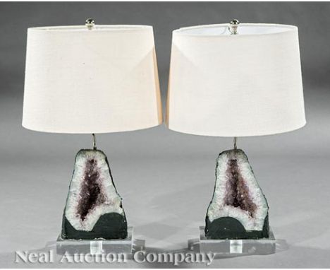 Pair of Amethyst Geode Table Lamps, acrylic base, geode h. 9 1/2 in., h. (to finial) 24 1/2 in     