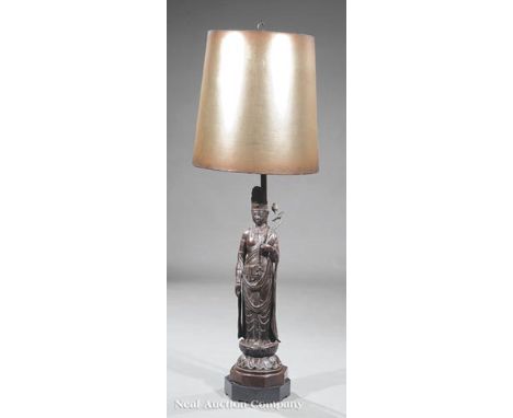 James Mont-Style Patinated-Iron "Guanyin" Table Lamp, 20th c., octagonal wood base, "gilt" shade, figure h. 35 in., h. (to fi