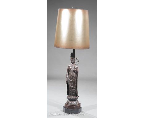 James Mont-Style Patinated-Iron "Guanyin" Table Lamp, 20th c., octagonal wood base, "gilt" shade, figure h. 35 in., h. (to fi