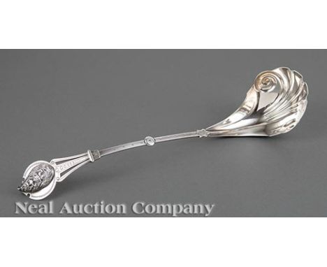 Fine American Sterling Silver Oyster Ladle, c. 1860, N.E. Crittenden, Cleveland, OH, act. 1826-1872, with applied cast oyster
