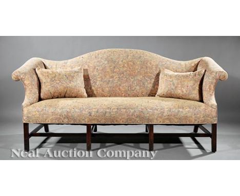 Antique American Mahogany Camelback Sofa, scrolled arms, straight rail, square legs joined by stretchers, h. 37 1/2 in., w. 8