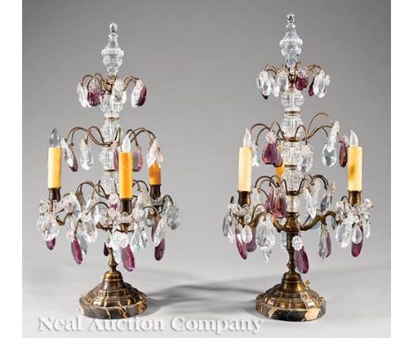 Pair of French Crystal and Amethyst Crystal Three-Light Girandoles, tiered standard, marble base, electrified, h. 25 in., dia