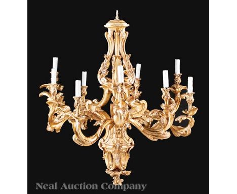 Louis XV-Style Carved and Gilt Nine-Light Chandelier, in the style of Caffieri, electrified, h. 36 in., dia. 34 in    