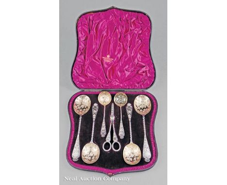 English Sterling Silver Fruit Set, London, 1887, James Wakely & Frank Clark Wheeler, mark reg. 1884, in fitted presentation c