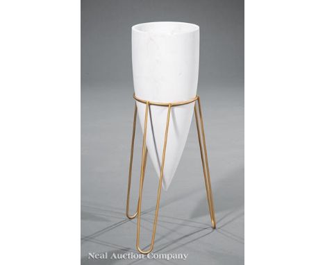 Metal and Ceramic "Bullet" Planter on Stand, hairpin legs, h. 26 1/4 in., dia. 13 in    