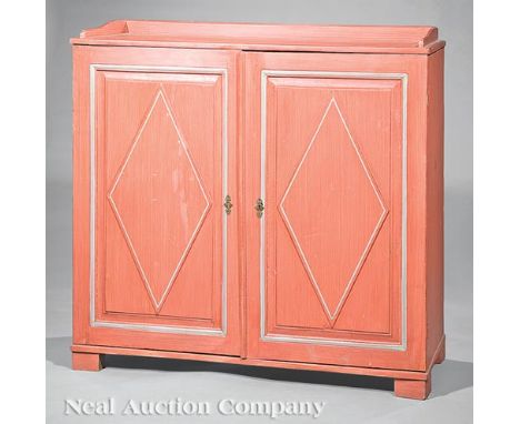 Antique Continental Polychrome Painted Cupboard, late 19th c., galleried top, diamond paneled cabinet doors open to a shelf i