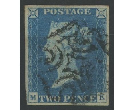 1840 2d blue, M-K, used with black maltese cross, 4 margins, small thin on reverse.
