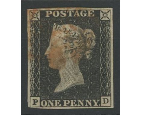 1840 1d black, P-D, worn plate, F/U with light red maltese cross, 4 margins, fine.