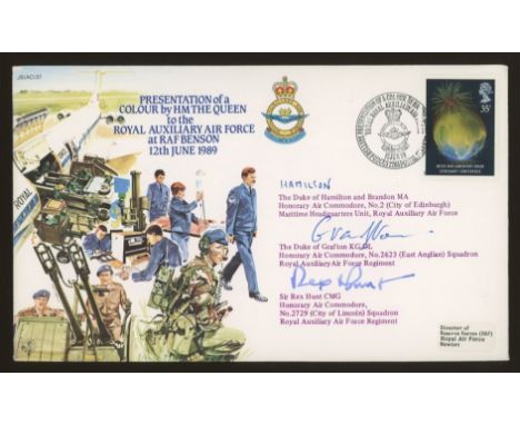 1989 Royal Auxiliary Air Force cover signed by The Duke of Hamilton, the Duke of Grafton &amp; Sir Rex Hunt. Address label, f