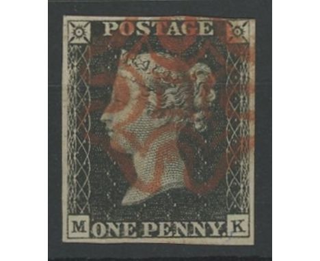 1840 1d black, M-K, used with red maltese cross, 4 margins, fine.