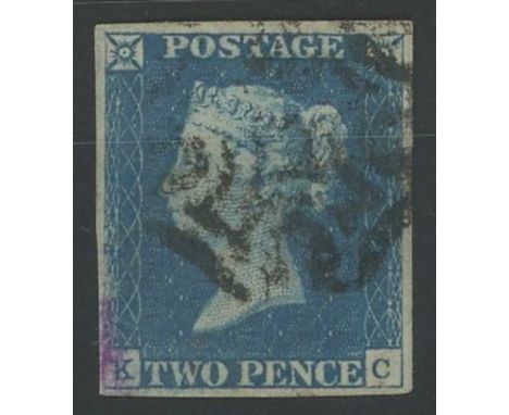1840 2d blue, K-C, used with black maltese cross, 4 margins, mauve mark at bottom left, otherwise fine.