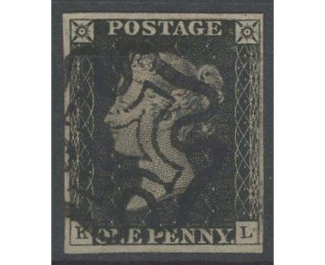 1840 1d black, plate 1b, K-L, used with black maltese cross, 4 margins, fine.