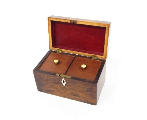 Georgian mahogany tea caddy of plain rectangular form with boxwood stringing, the interior revealing two compartments with co
