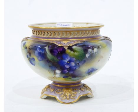 Royal Worcester pedestal bowl, the body painted with violets and with purple and pierced neck and foot, printed and painted m