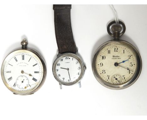 West Clox pocket Ben watch, a silver-cased open-faced pocket watch, a Timex wristwatch and a pocket compass 