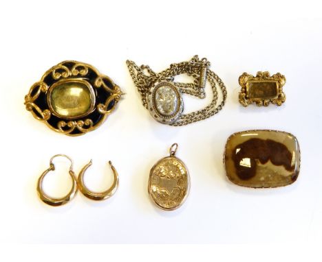 Pair of 9ct gold hoop earrings (1.3g approx) (one broken), a Victorian gilt metal and black enamel memorial brooch with centr