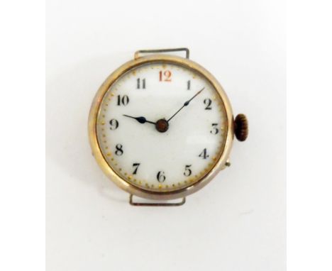 9ct gold strapwatch, the enamel dial with Arabic numerals together with a wooden box inscribed "For M F Dent, Chronometer Wat