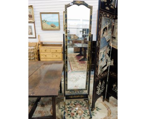Chinoiserie lacquer and painted cheval mirror on splay supports and castors