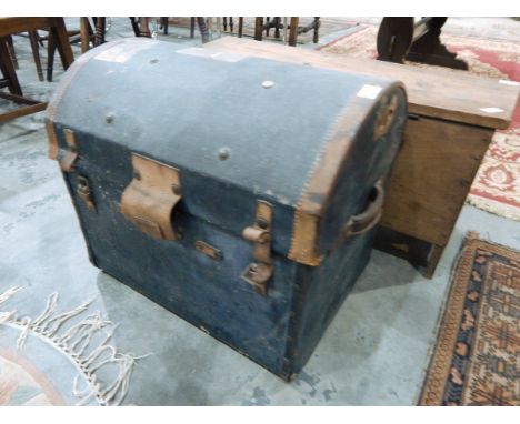 Small 19th century elm coffer of plain rectangular form with hinged cover, on bracket feet, 82cm wide and a black trunk with 
