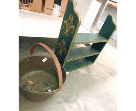 A three tier hanging wall shelf painted green with fleur de lys and a brass jam pan (2)