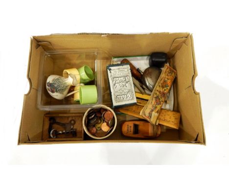 Box of miscellaneous items including a Rowney & Co protractor/ruler, a quantity of coinage, a pair of ebony glove stretchers,