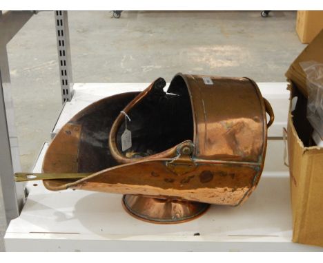 Copper coal scuttle, a brass utensil and a mirror with shell decoration and a framed print, signed Christopher Curtis in the 