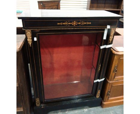 19th century ebonised display cabinet with glazed front panel, boxwood stringing and marquetry inlay with gilt metal mounts, 