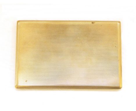 9ct gold cigarette case of engine-turned rectangular form with sliding opening mechanism, 13cm long, weight approx. 187.3g 