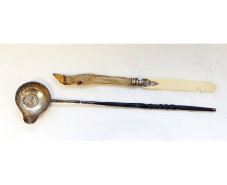 Silver punch ladle inset with a Queen Anne coin 1711, with turned spiral horn handle together with a Victorian ivory letter k