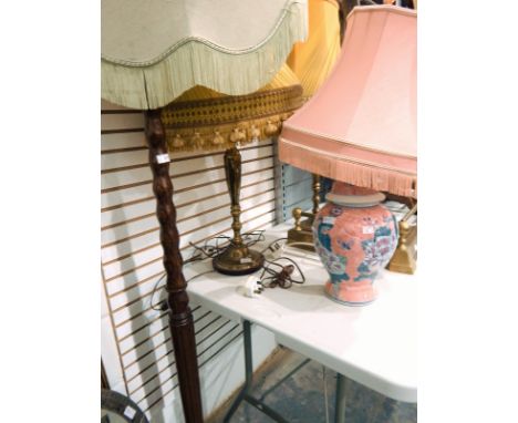 Wooden standard lamp with shade, a pair of brass table lamps with matching shades and a pink ceramic table lamp with shade (4