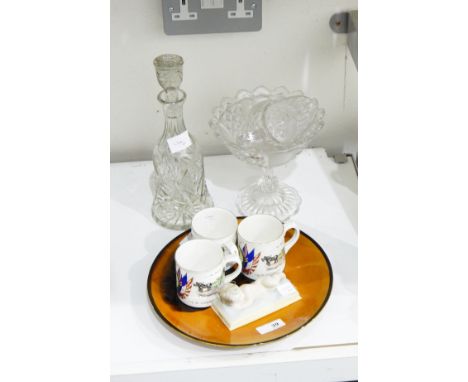 Lladro model of a sleeping child, three Aynsley mugs to commemorate Peace 1919 for Glyncorrwg u.d. Council, a portrait plate,
