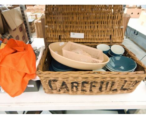 Poole part tea service, teal blue with white, a quantity of table napkins, a large stoneware serving dish, a basket of oddmen