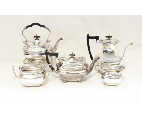 George V Walker & Hall silver five-piece tea and coffee service, viz:- teapot, coffee pot, spirit kettle and stand, sugar bas