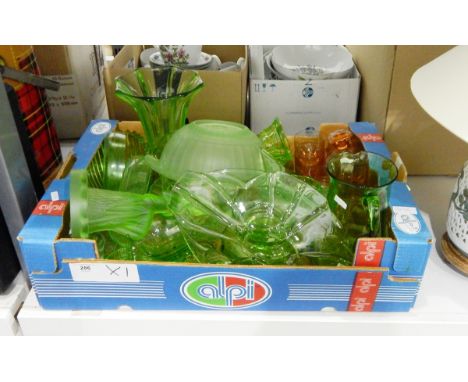 Large quantity of Art Deco green glass including vases, bowls, pin trays, jug and a small decanter with six matching glasses 