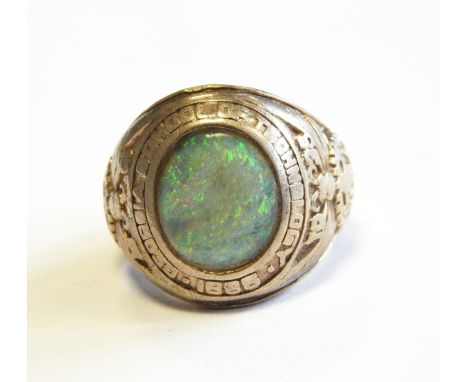 American 10k gold and single opal fraternity ring "Georgia's School of Technology 1886", engraved to interior "To Joseph Elli